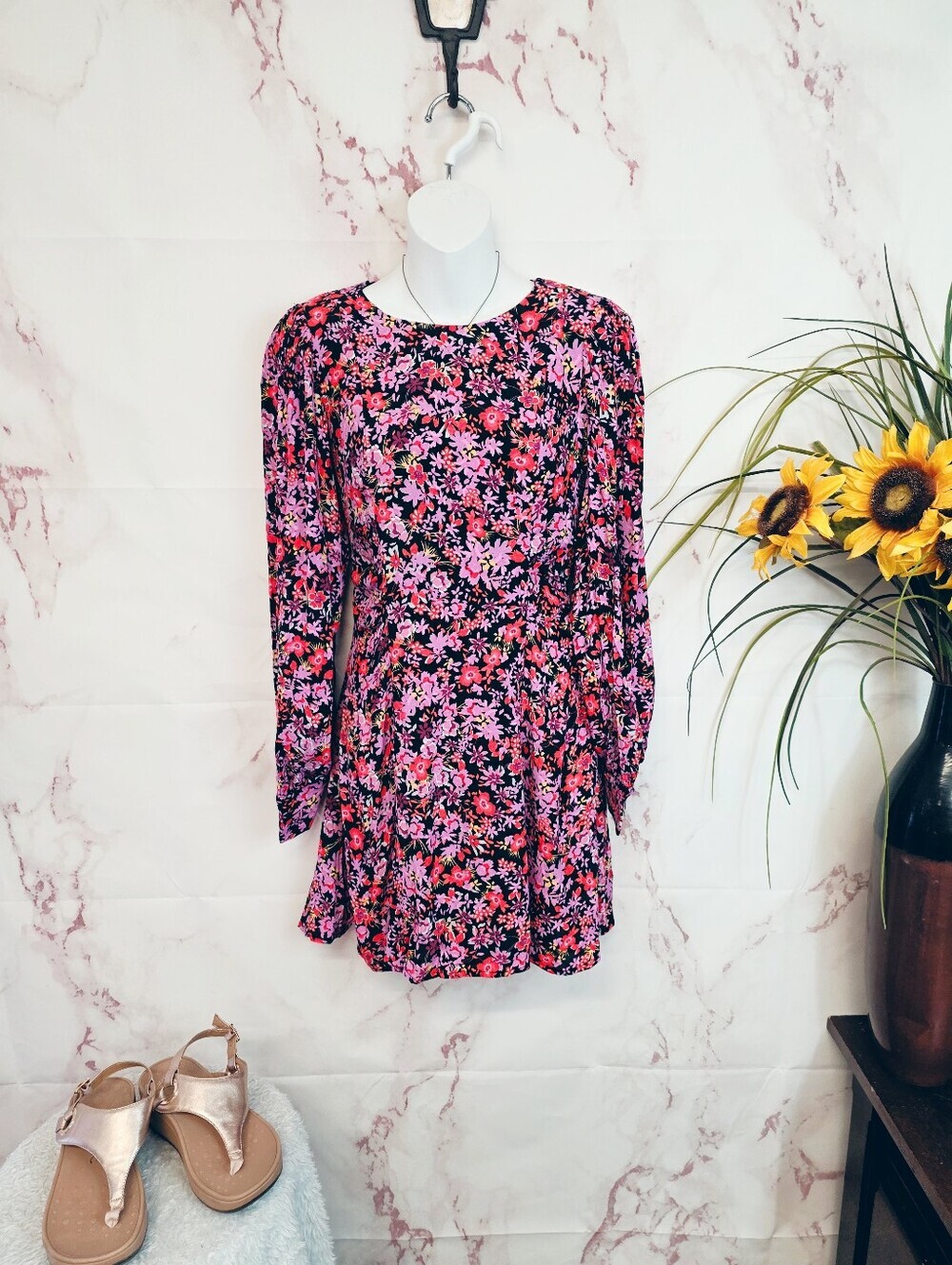 Zara Floral Cutout Back Mini Dress NWT Long Sleeve Pink Black Size S - Picture 3 of 7